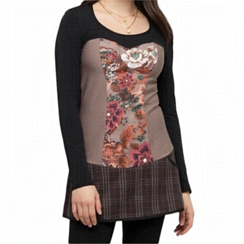 Kollontai Marly Floral Plaid Mixed Print Long Sleeve Tunic Top Medium Black Tan